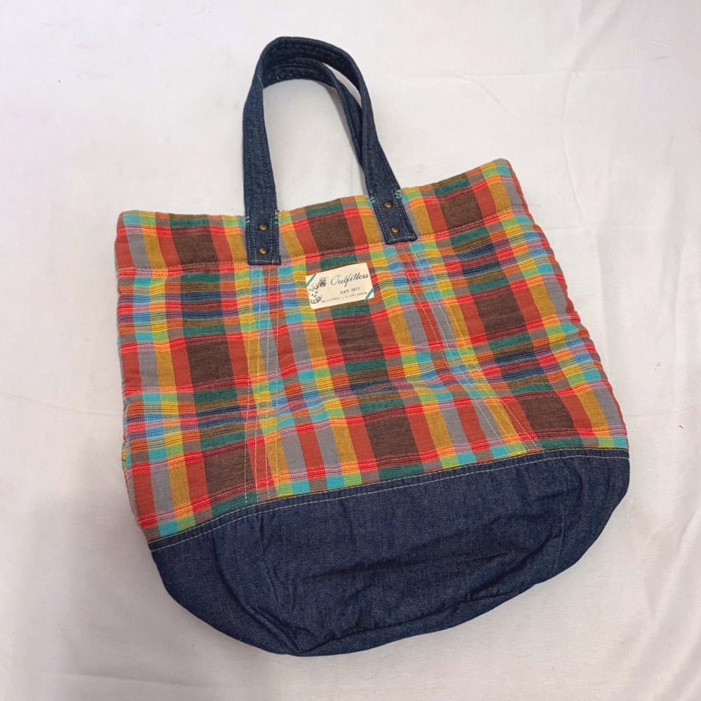American Eagle Outfitters rainbow Plaid Denim Tote Bag with dark denim details